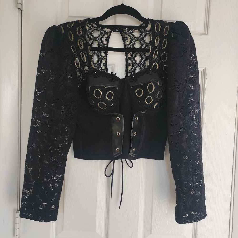Vintage Gothic Black Lace Corset Top with Gold Ring Detail & Puff Sleeves
